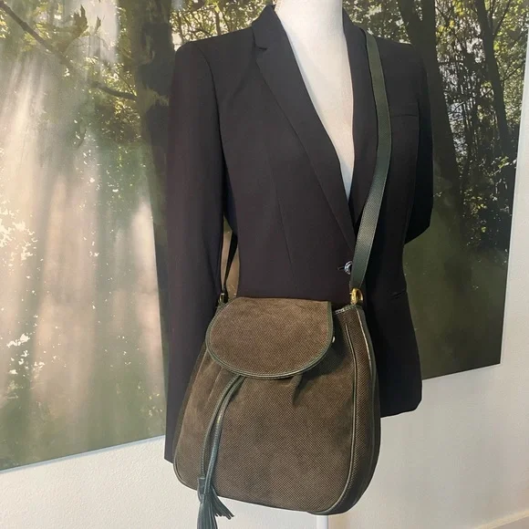 Rare Bottega Veneta Green Suede & Leather Drawstring Bag - Picture 1 of 14